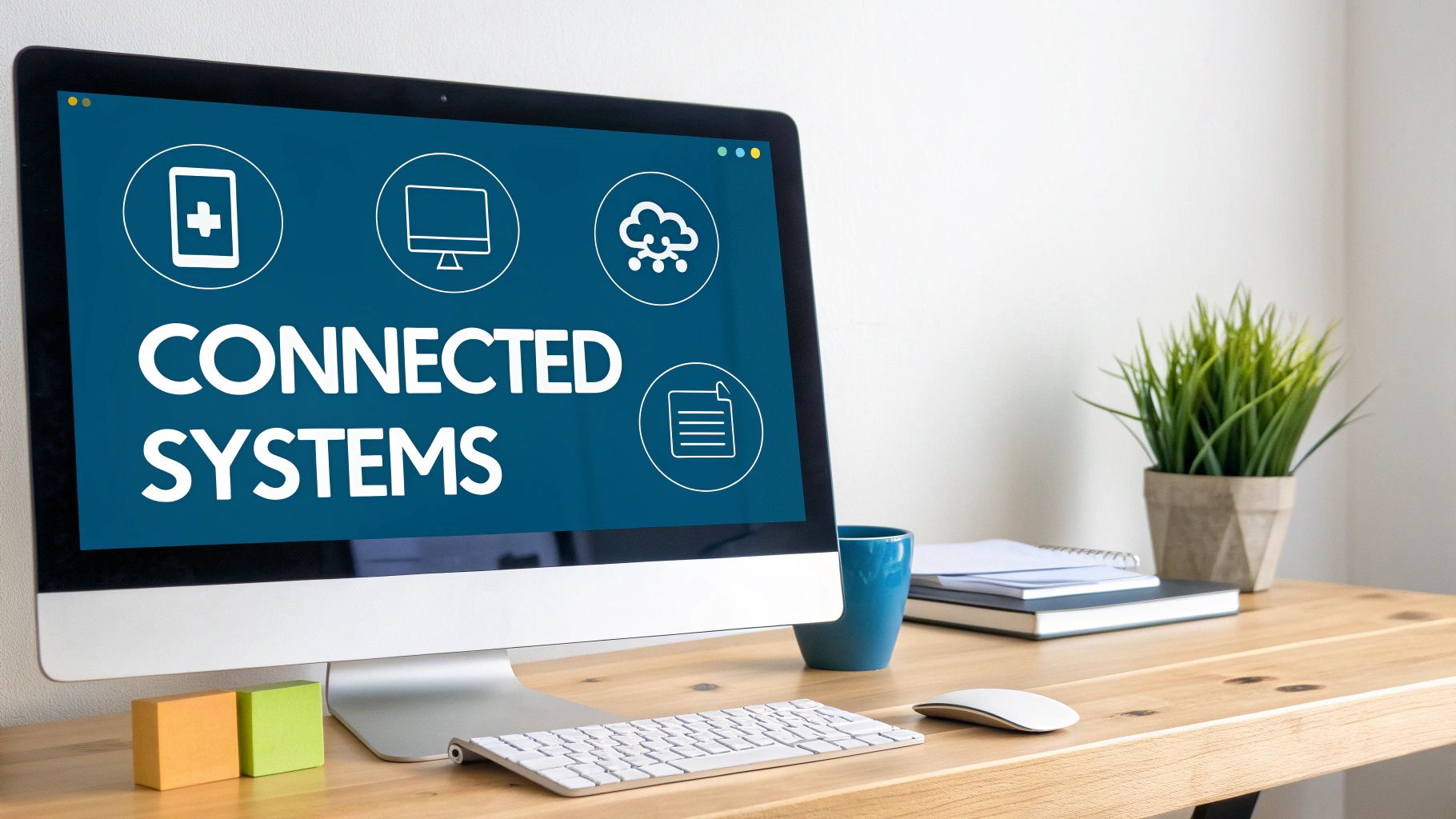 A computer monitor displays 'CONNECTED SYSTEMS' with various icons on a modern desk.