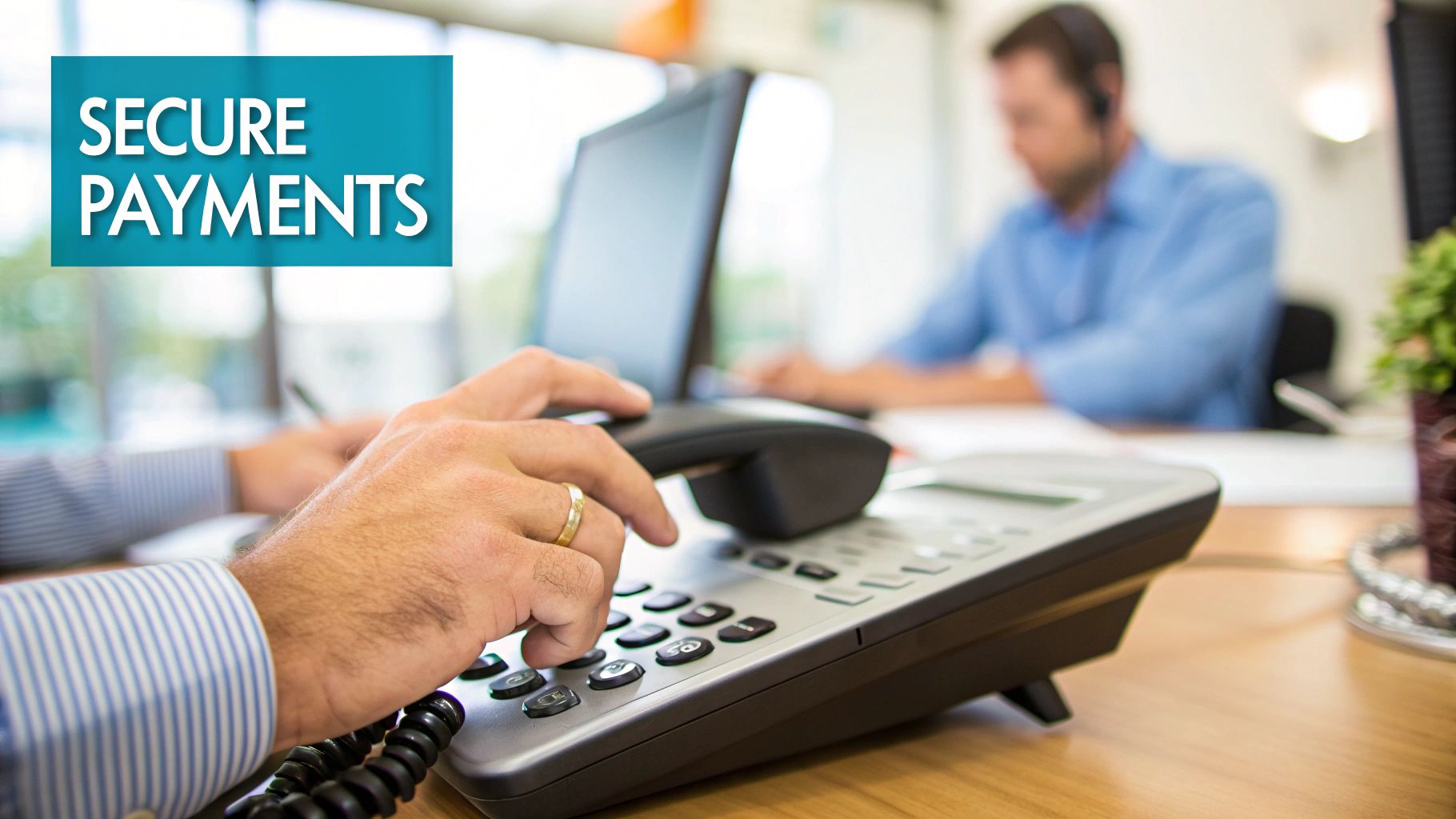 Hands dialing on a desk phone with a 'SECURE PAYMENTS' text overlay, in an office setting.
