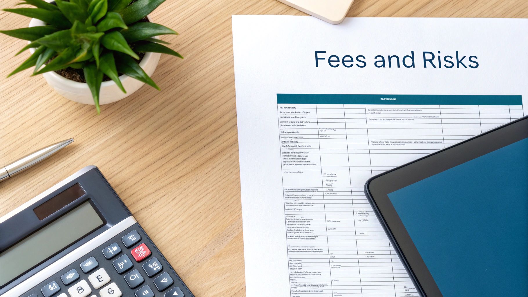 A top-down view of a document titled 'Fees and Risks' on a wooden desk, with a calculator, pen, and tablet.