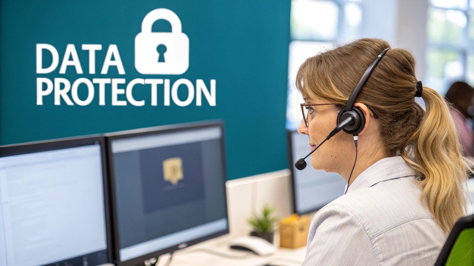 Call center agent wearing a headset works at a desk, with a data protection sign on the wall.