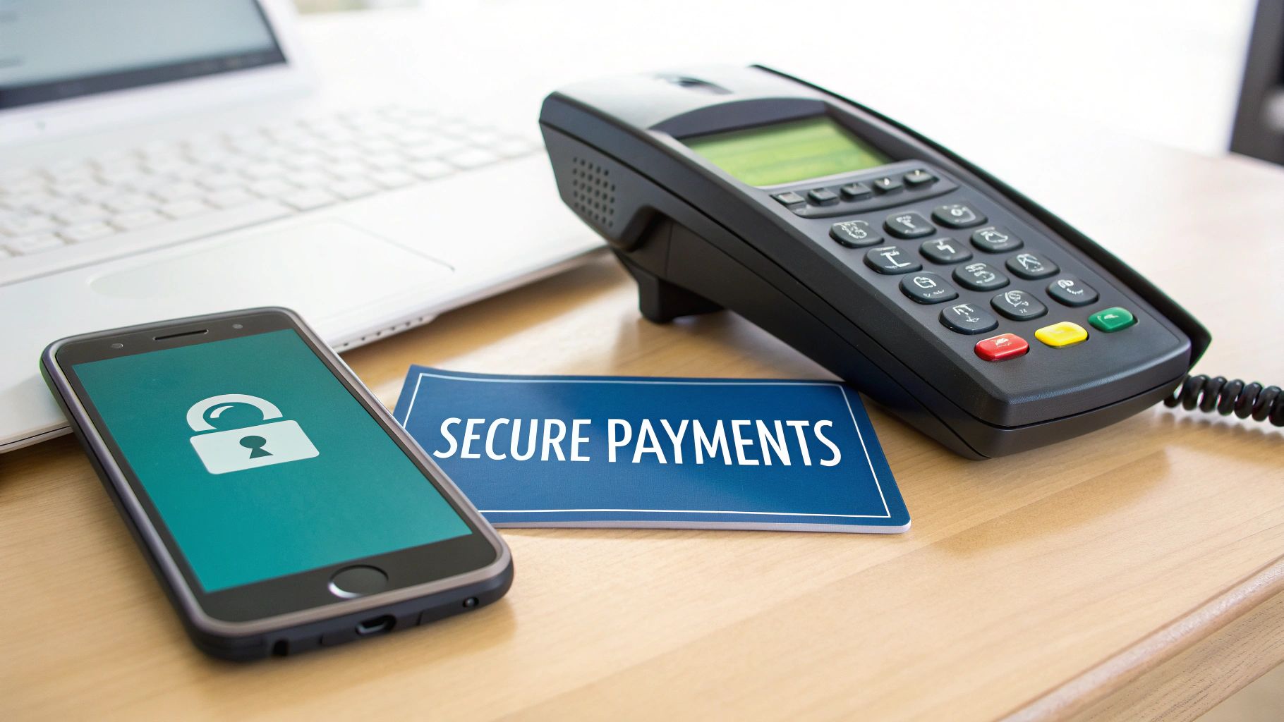 Smartphone with lock icon, POS terminal, and 'Secure Payments' sign on a desk.