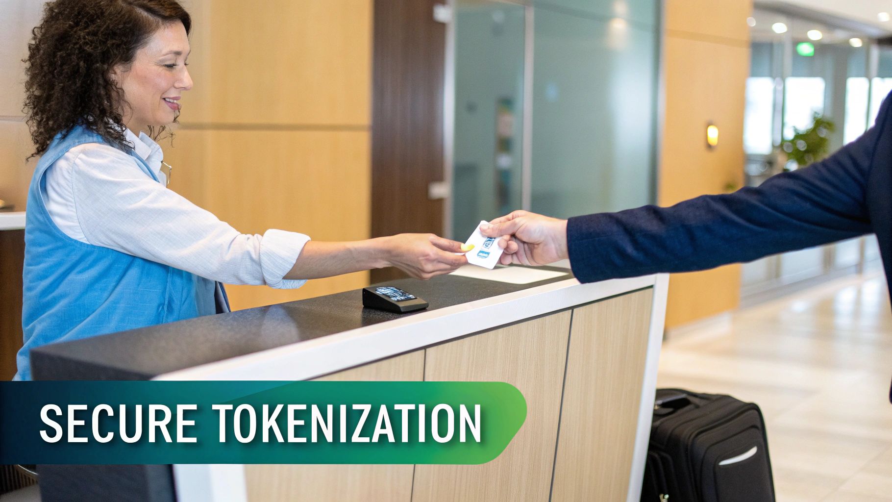A smiling female employee hands a white card to a male customer at a reception desk.