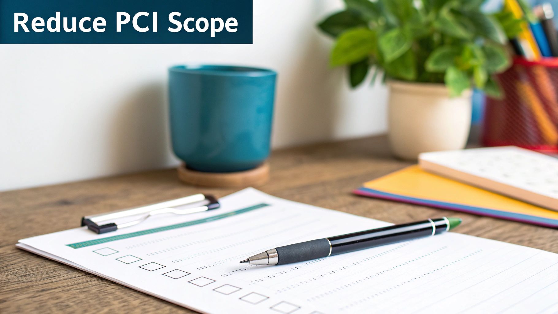 A pen rests on a checklist document on a wooden desk with a 'Reduce PCI Scope' banner.