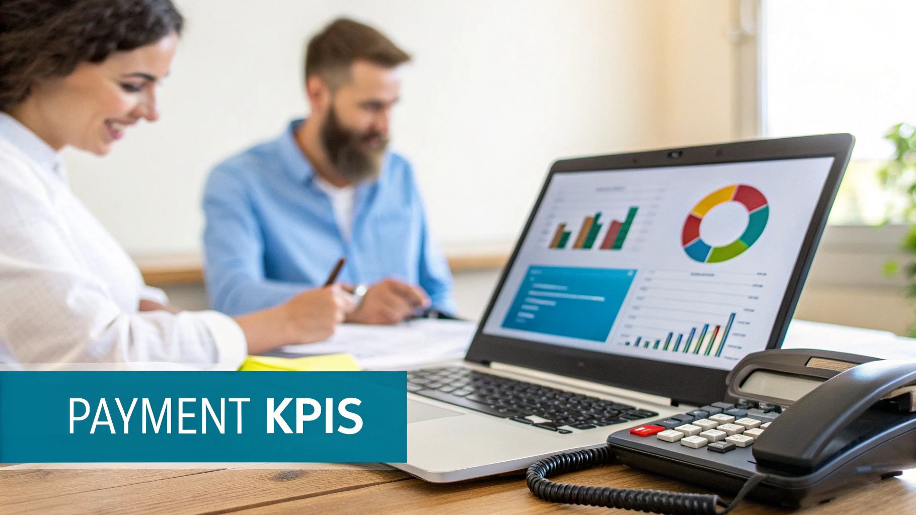 Smiling woman and man analyzing payment KPIs on a laptop with charts, a phone, and calculator.