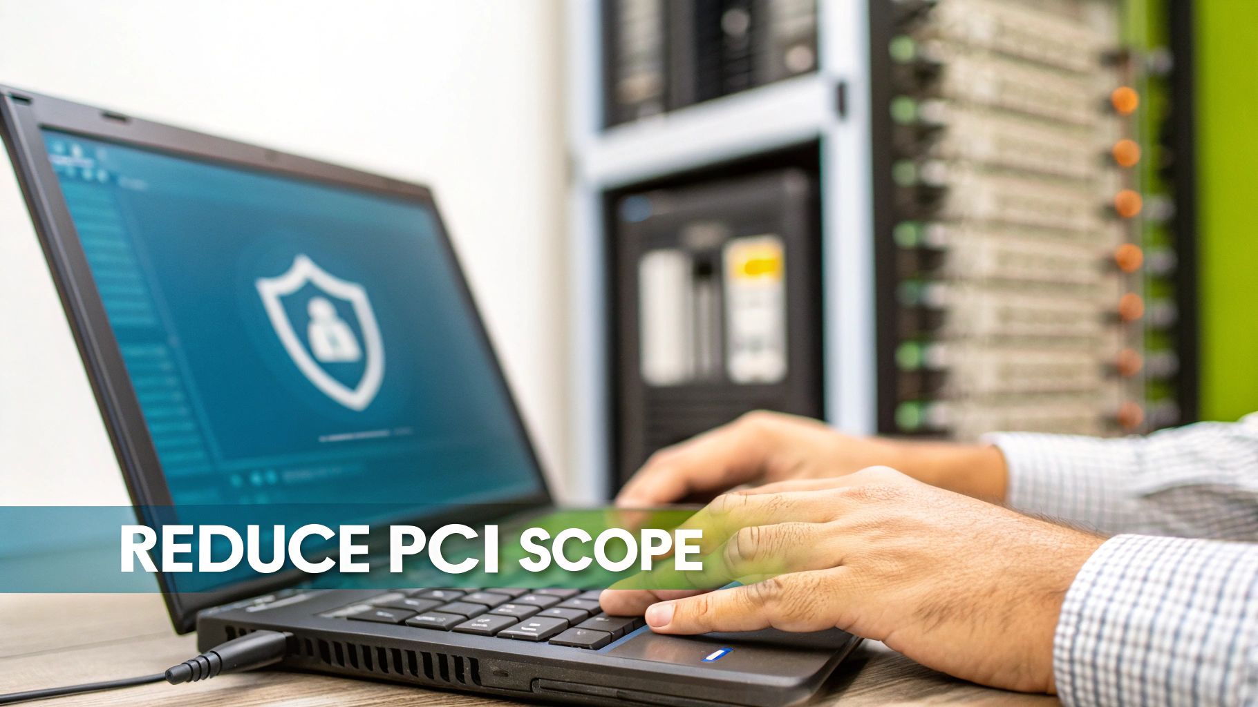 A person typing on a laptop displaying a security shield icon and 'REDUCE PCI SCOPE' text.