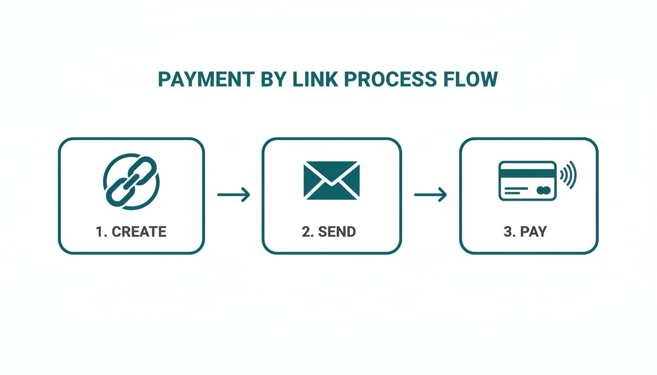 A three-step diagram illustrating the payment by link process: create, send, and pay.
