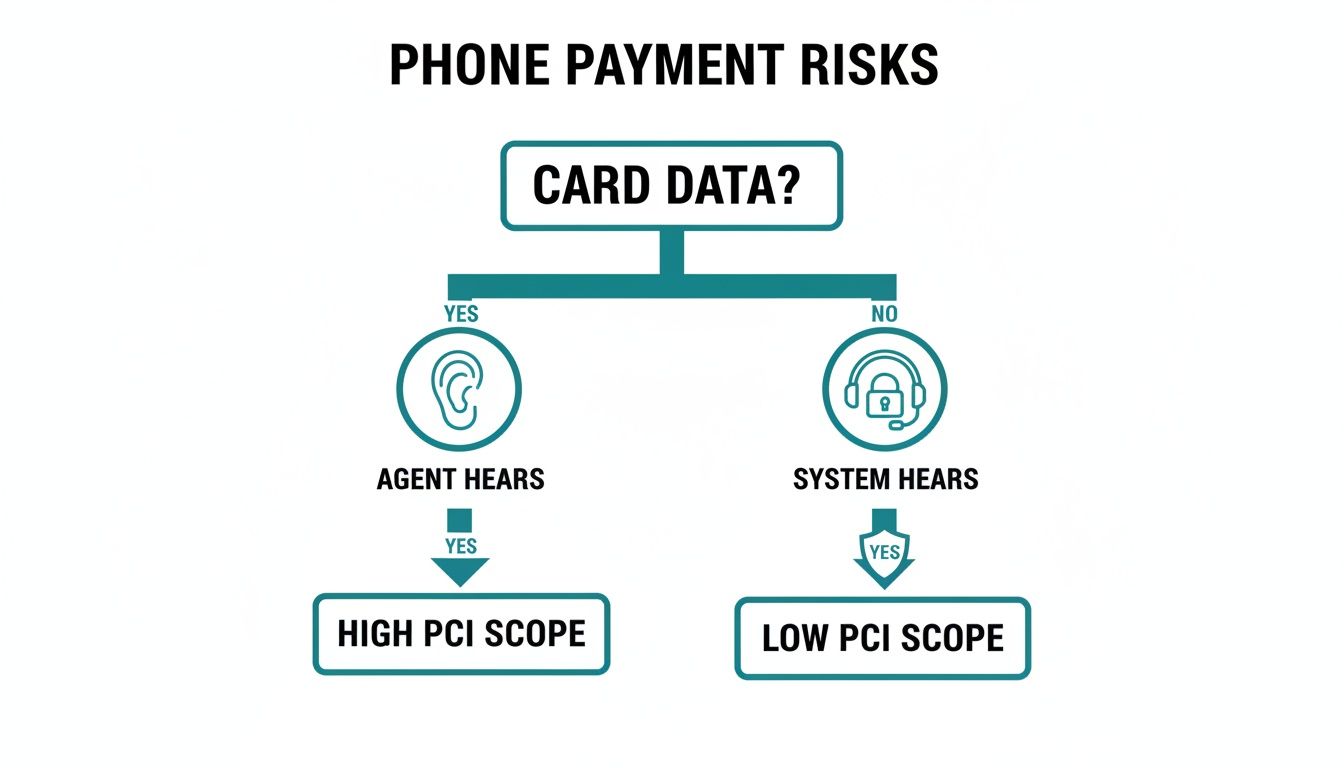 Flowchart diagram illustrating phone payment risks and the impact of card data handling on PCI scope.