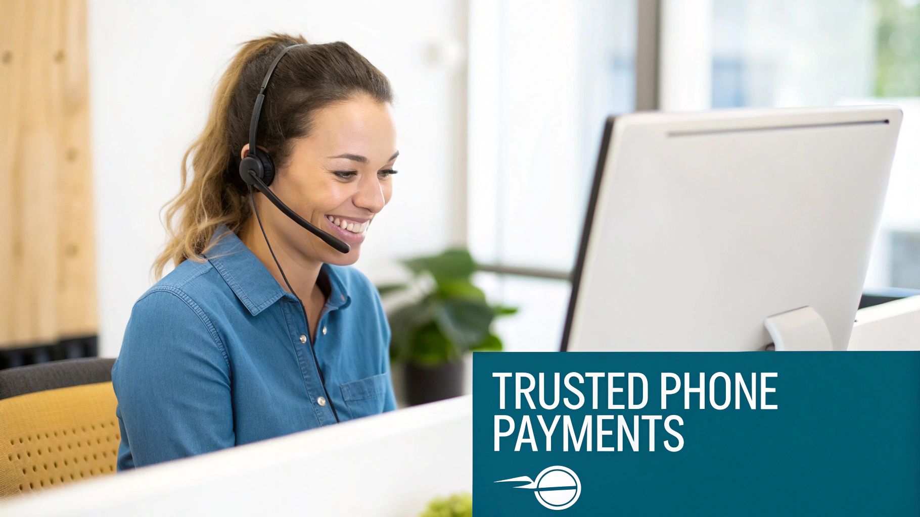 A smiling woman in a headset works at a computer, representing trusted phone payments.