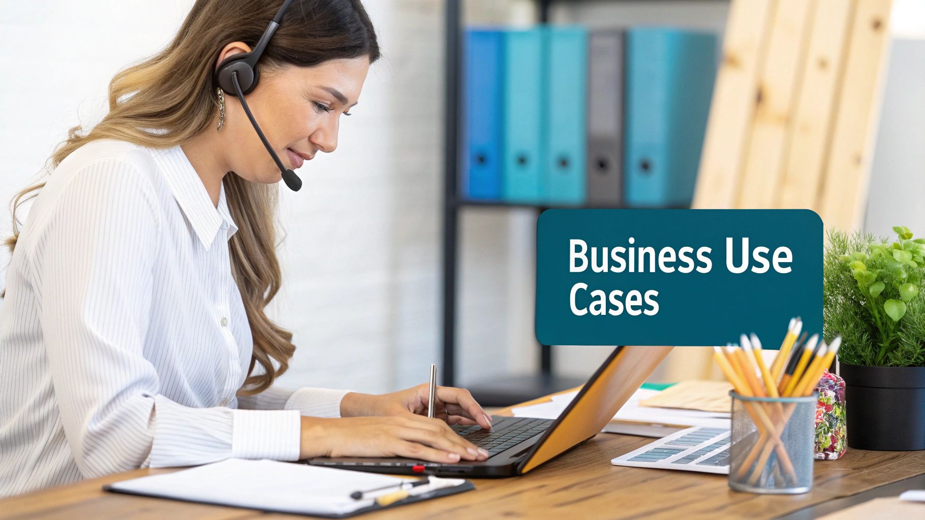 A smiling woman with a headset types on a laptop at an office desk, displaying 'Business Use Cases'.