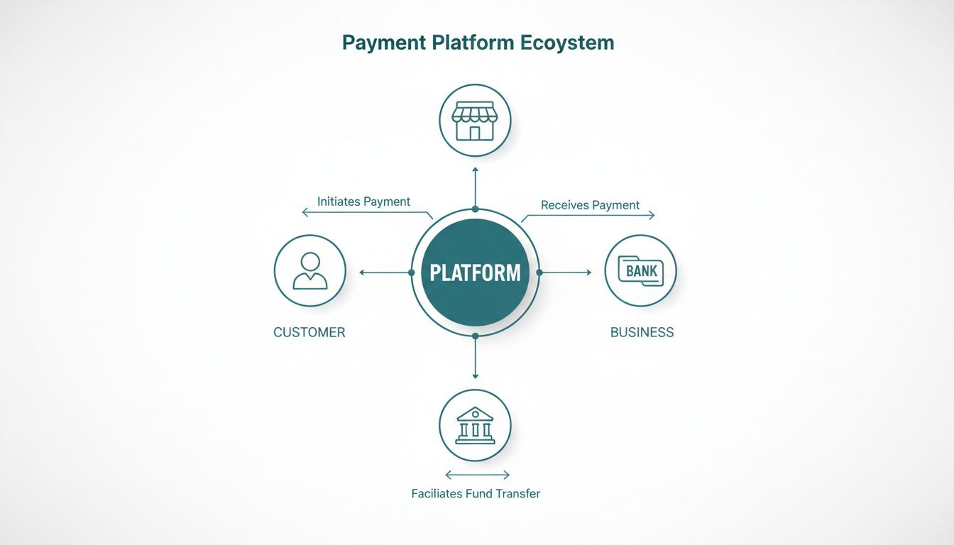 A diagram illustrating a payment platform ecosystem with customer, business, merchant, and financial institution interactions.