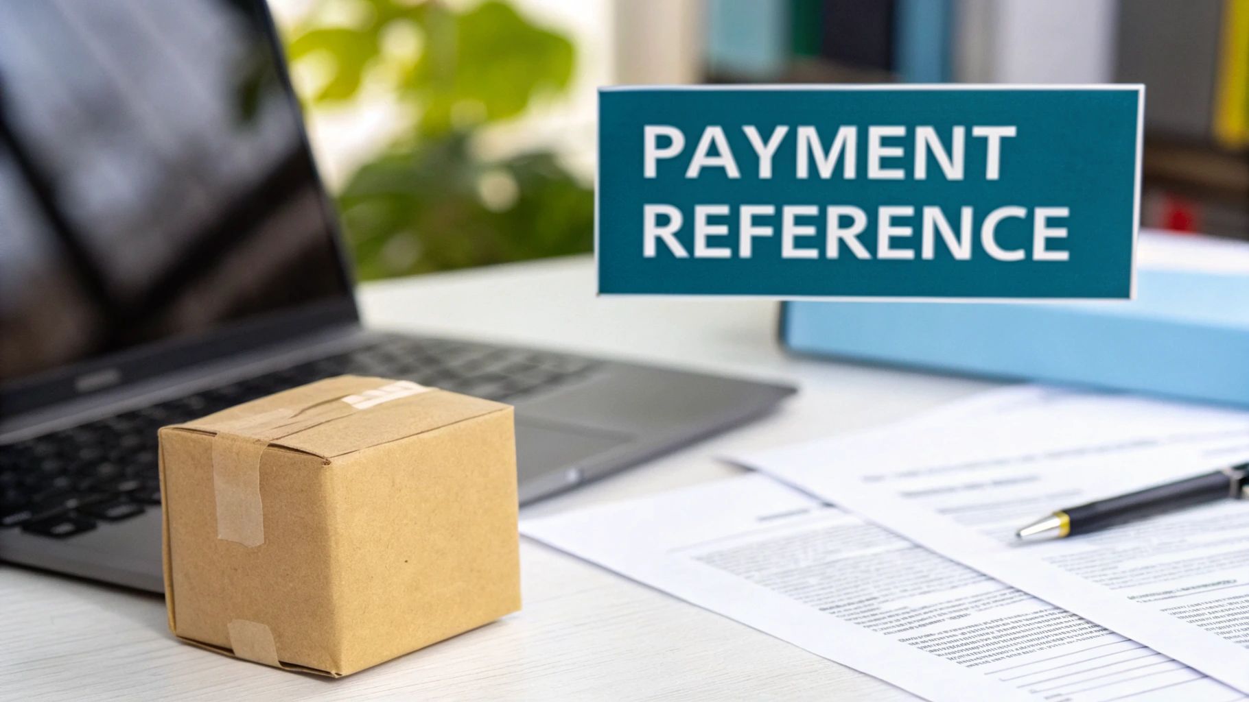 A small delivery box, laptop, documents, and a sign displaying 'PAYMENT REFERENCE' on a desk.