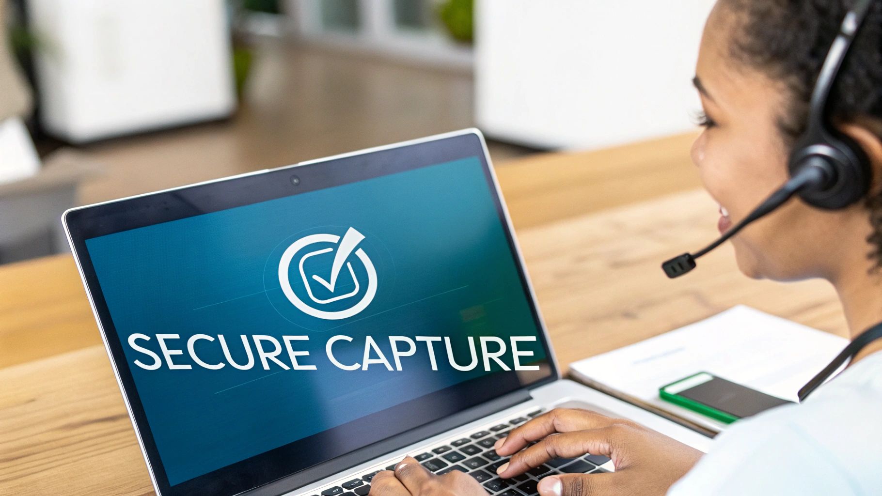 A person wearing a headset types on a laptop screen displaying 'SECURE CAPTURE' with a checkmark icon.