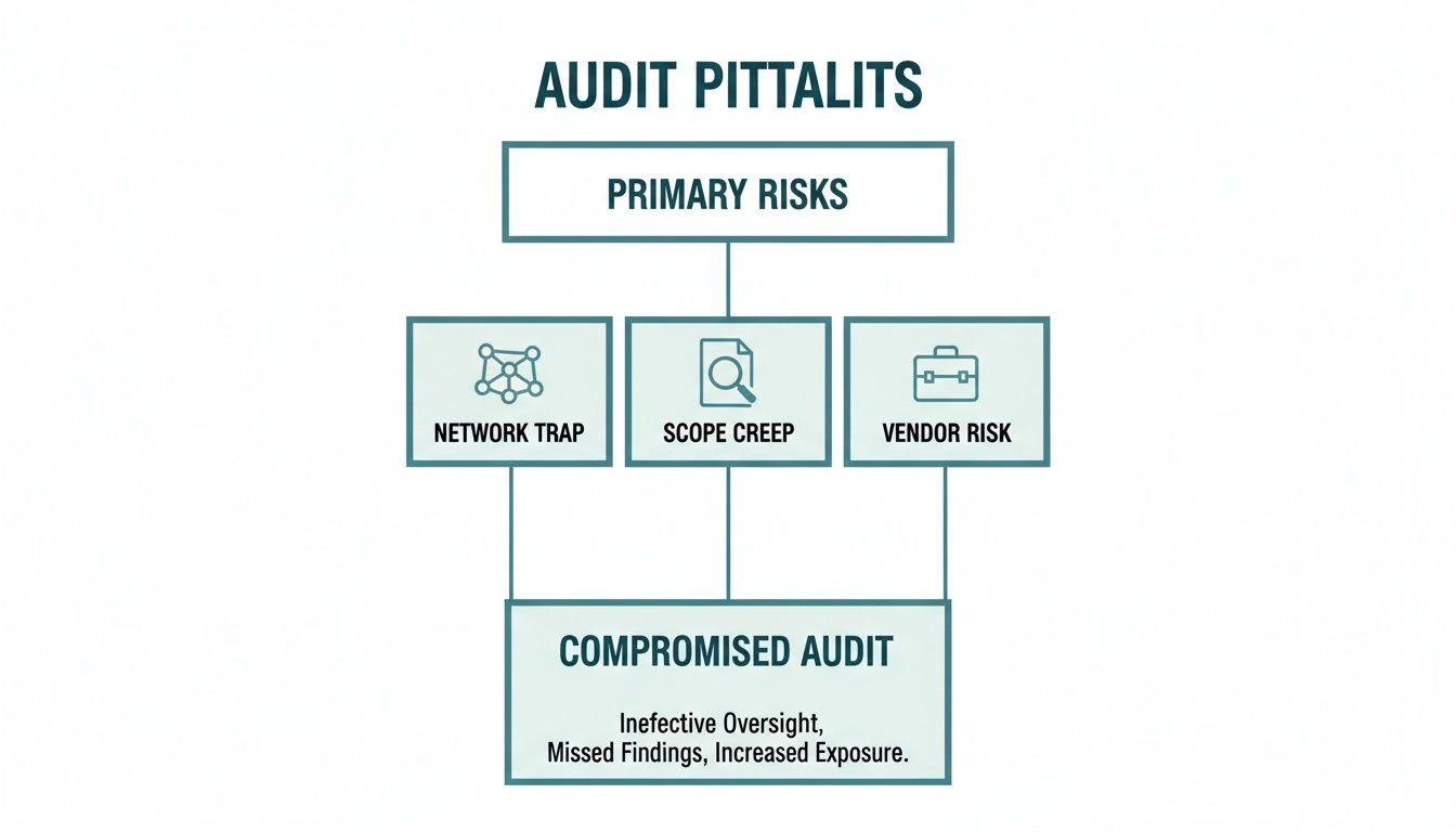 Flowchart illustrating audit pitfalls, primary risks like network trap, scope creep, and vendor risk, leading to a compromised audit.