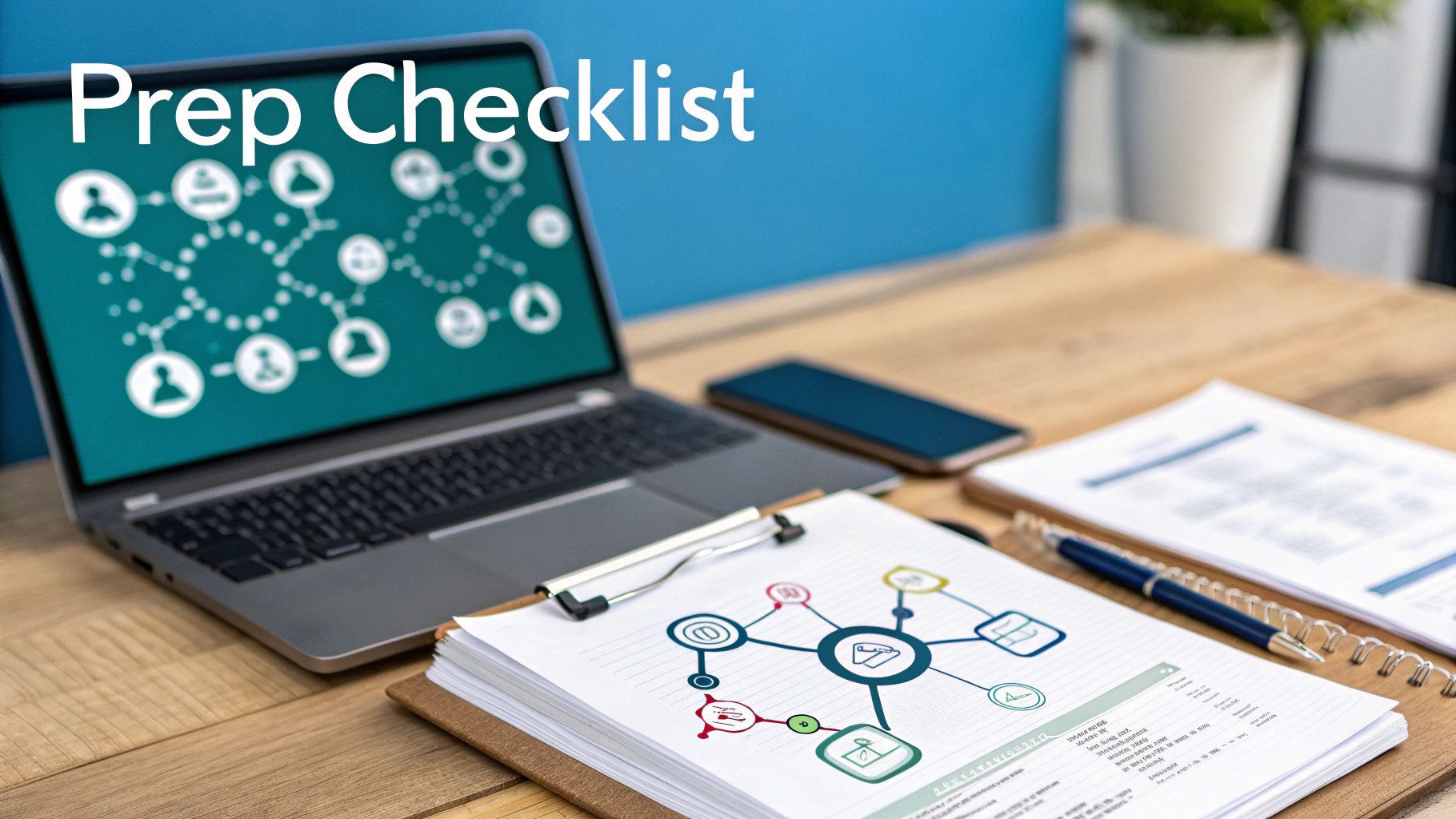 Overhead view of a desk with a laptop displaying a network diagram, clipboard, and smartphone, captioned 'Prep Checklist'.