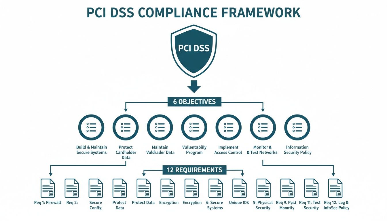 Diagram illustrating the PCI DSS Compliance Framework, detailing its 6 objectives and 12 security requirements.