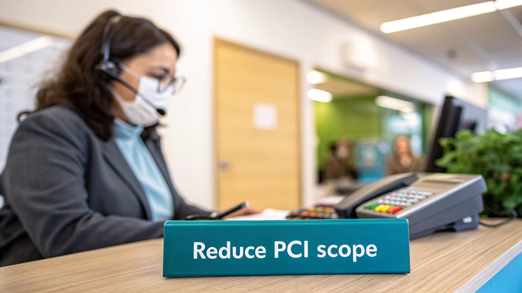 A masked call center agent at a desk with a sign saying 'Reduce PCI scope' and a payment terminal.