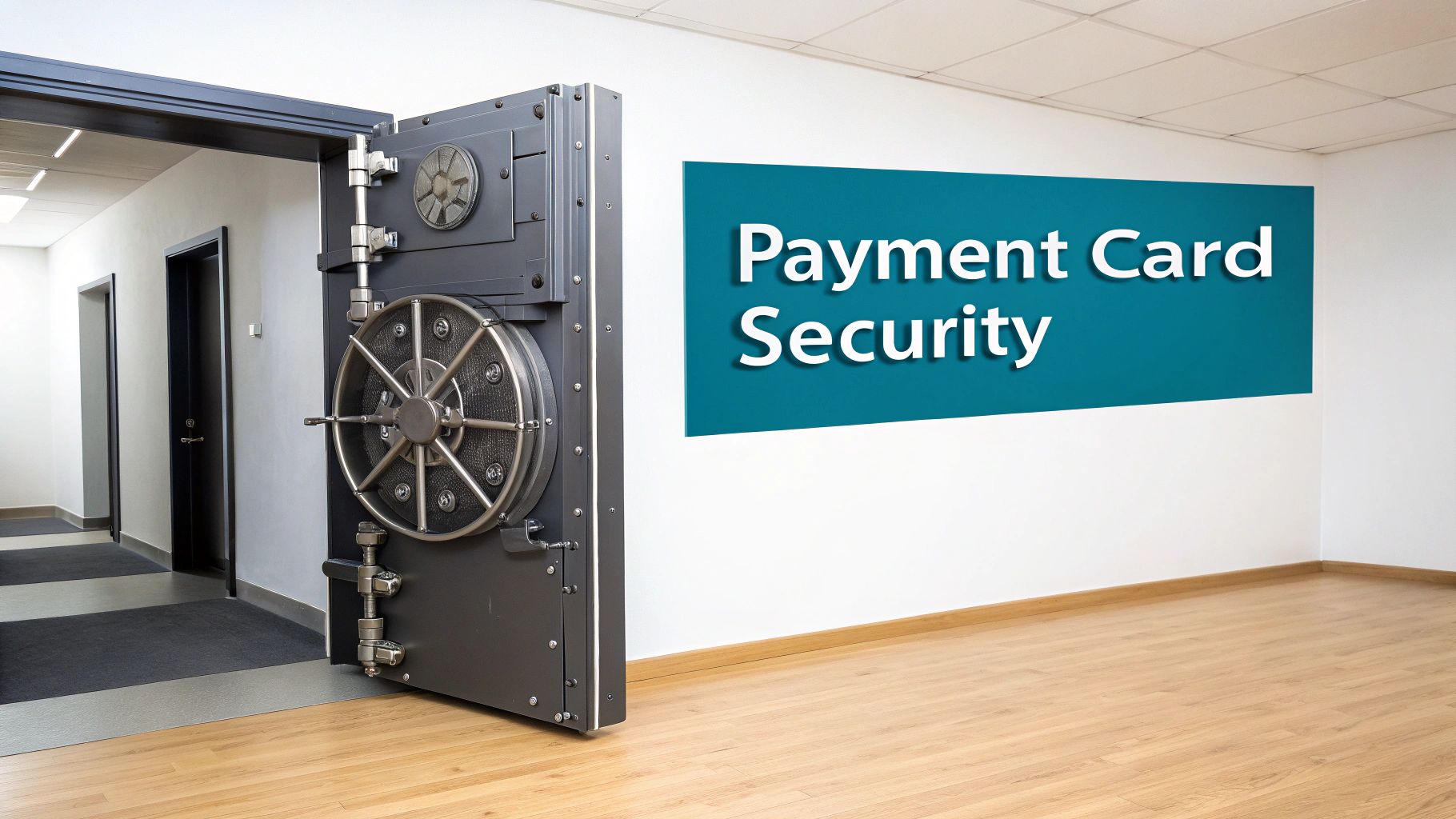 An open bank vault door in a modern office hallway with a 'Payment Card Security' banner on the wall.
