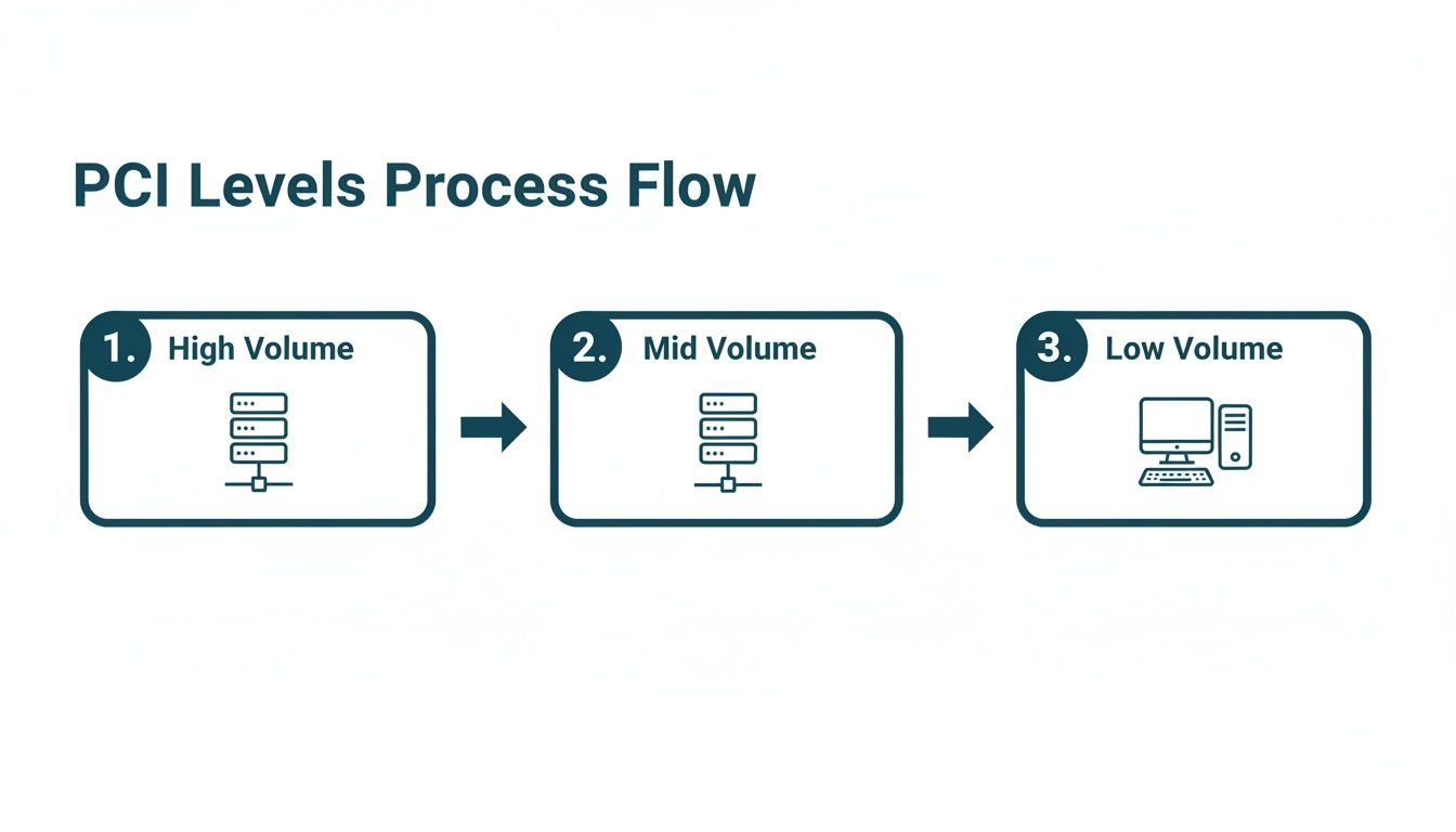 Diagram illustrating PCI DSS levels process flow: High, Mid, and Low volume, represented by server and desktop icons.