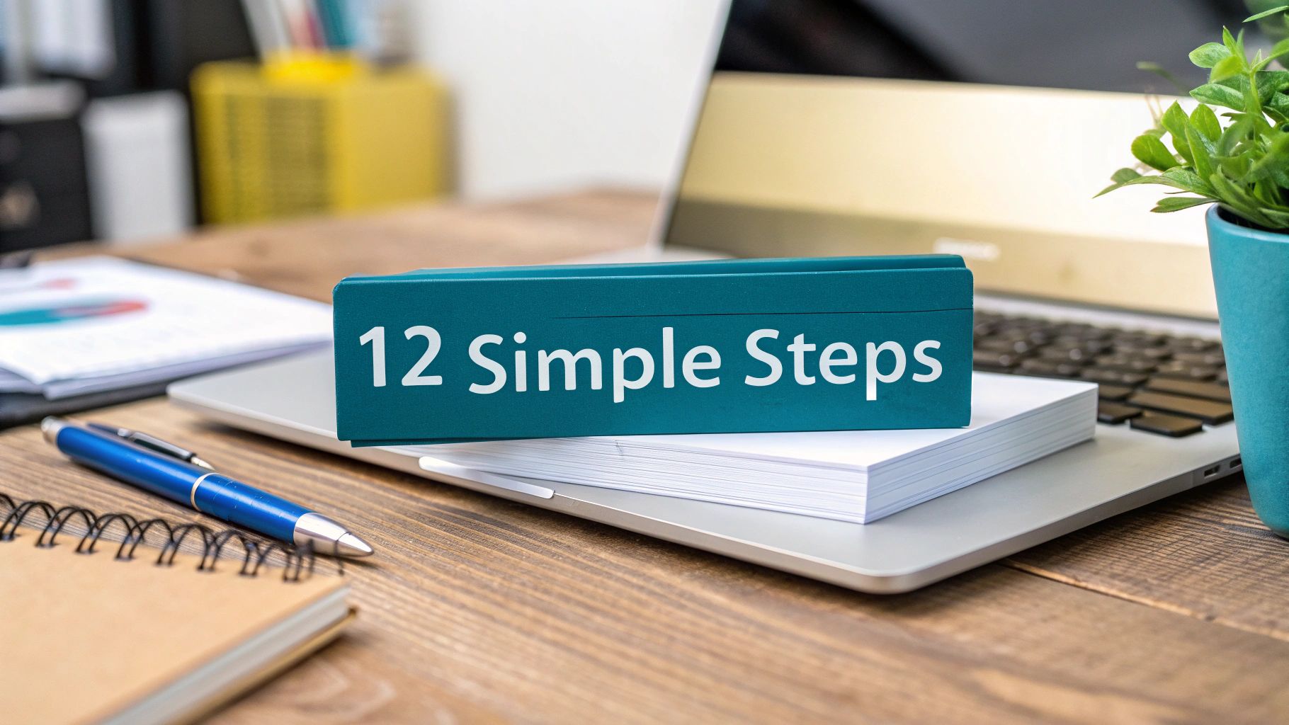 A teal box with '12 Simple Steps' text sits on a laptop, alongside a pen and notebook.