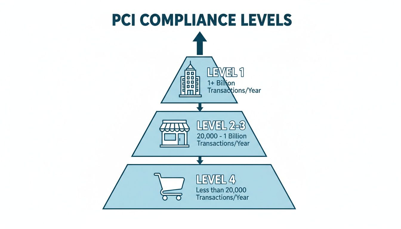 Pyramid diagram illustrating PCI compliance levels based on annual transaction volumes for businesses.