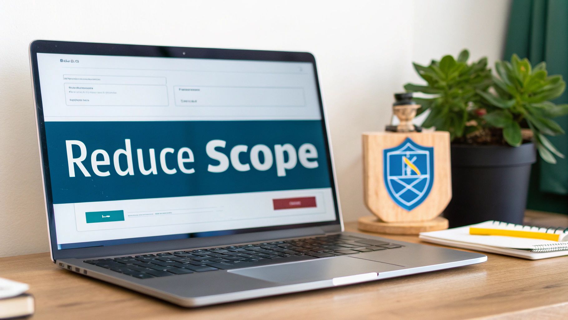 Laptop on a wooden desk displays 'Reduce Scope' on screen, with a plant and a shield.