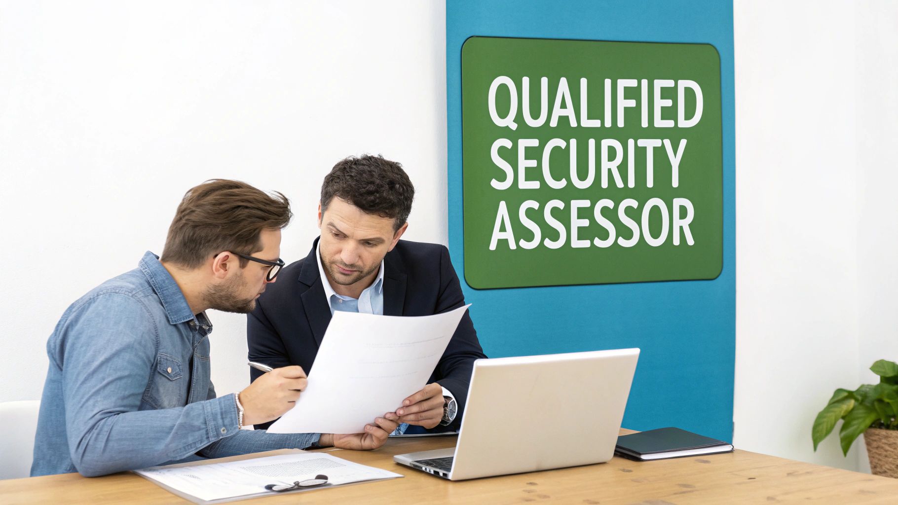 Two men, one a Qualified Security Assessor, discussing documents and a laptop in an office.