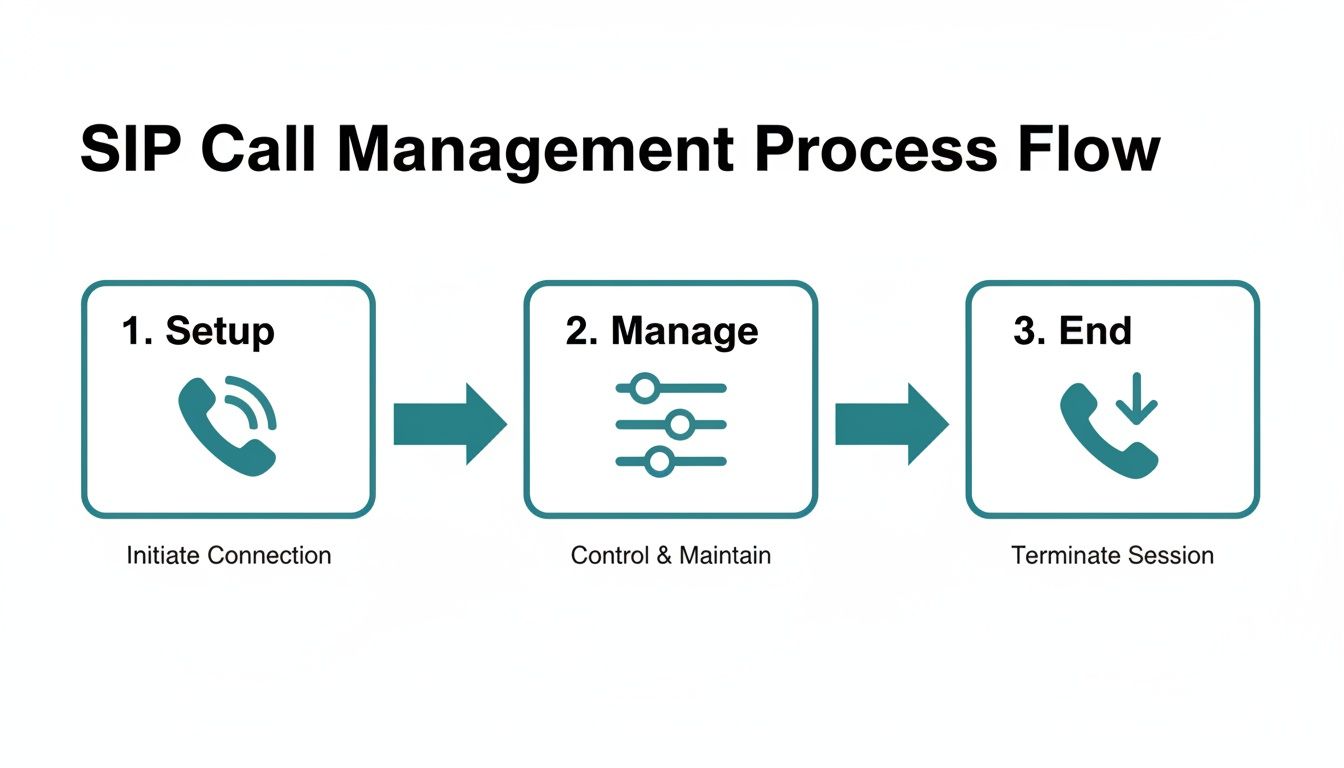 Flowchart detailing the SIP Call Management Process: Setup (Initiate), Manage (Control), and End (Terminate).