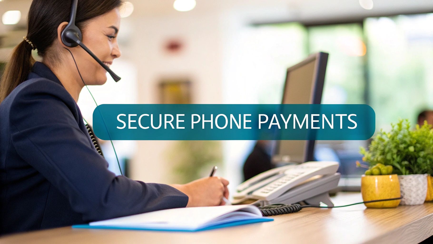 A smiling call center agent wearing a headset, taking secure phone payments at her desk.