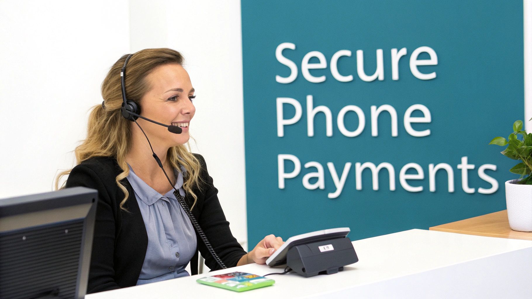 A smiling customer service agent in a headset handles secure phone payments at a desk.