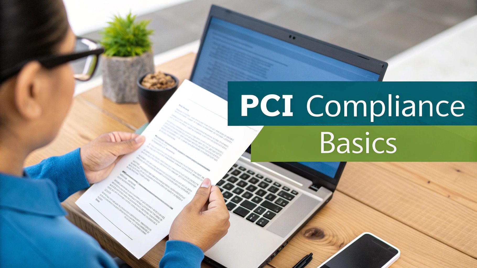Over-the-shoulder view of a person reading a document about PCI Compliance basics.