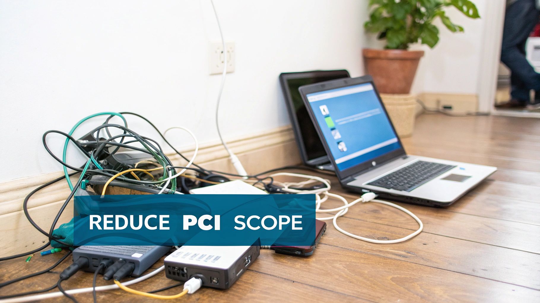 A messy tangle of power cables, laptops, and electronic devices on a wooden floor with text 'REDUCE PCI SCOPE'.