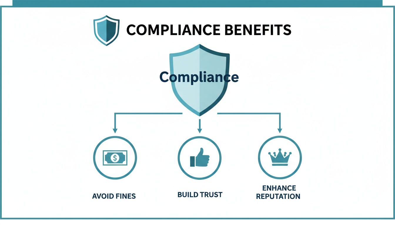 An infographic illustrating compliance benefits: avoiding fines, building trust, and enhancing reputation, each with an icon.