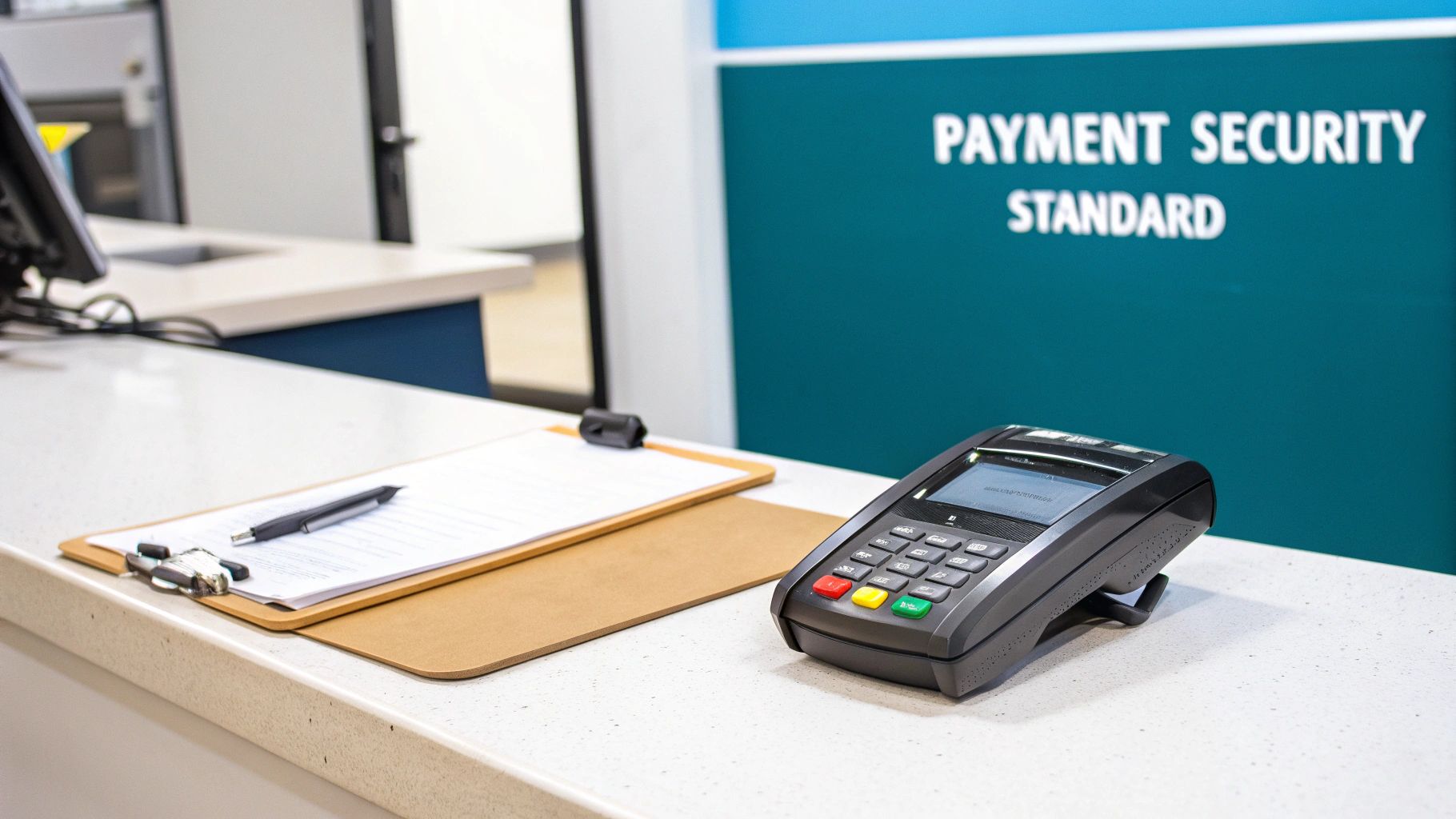 A payment terminal and clipboard with a pen on a counter, with a 'Payment Security Standard' sign.