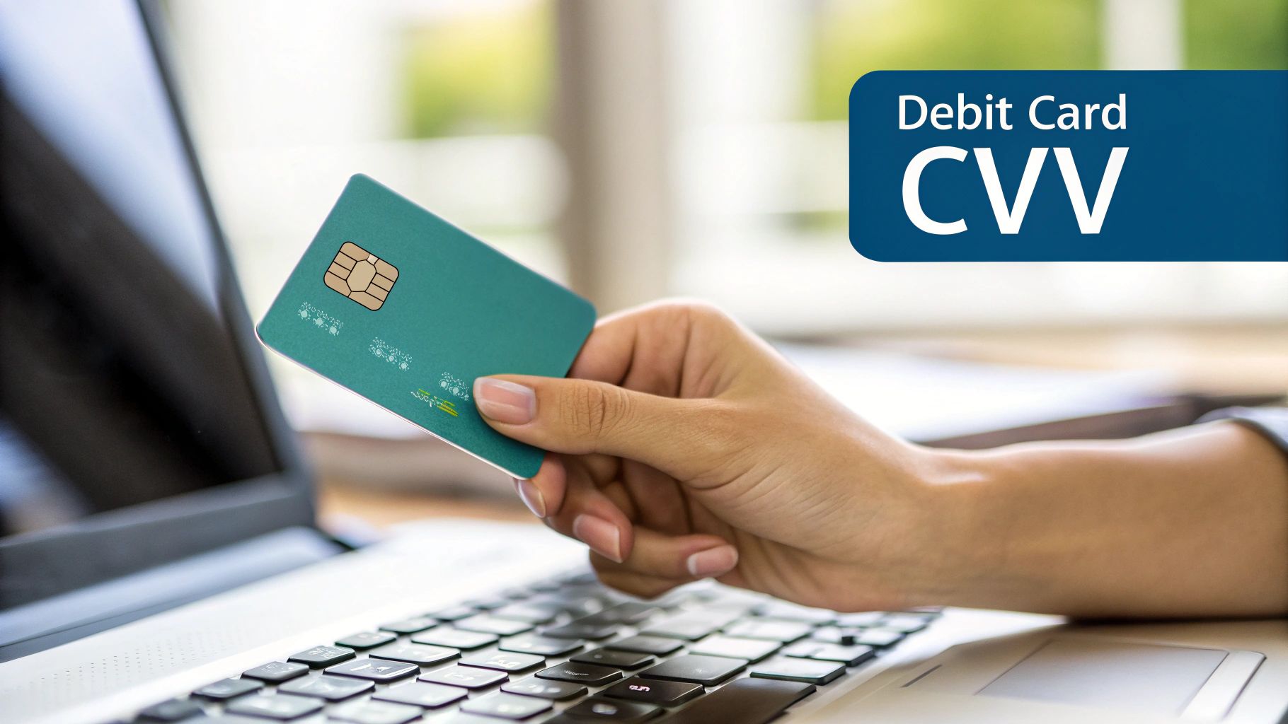 A hand holds a green debit card over a laptop keyboard, illustrating debit card CVV.