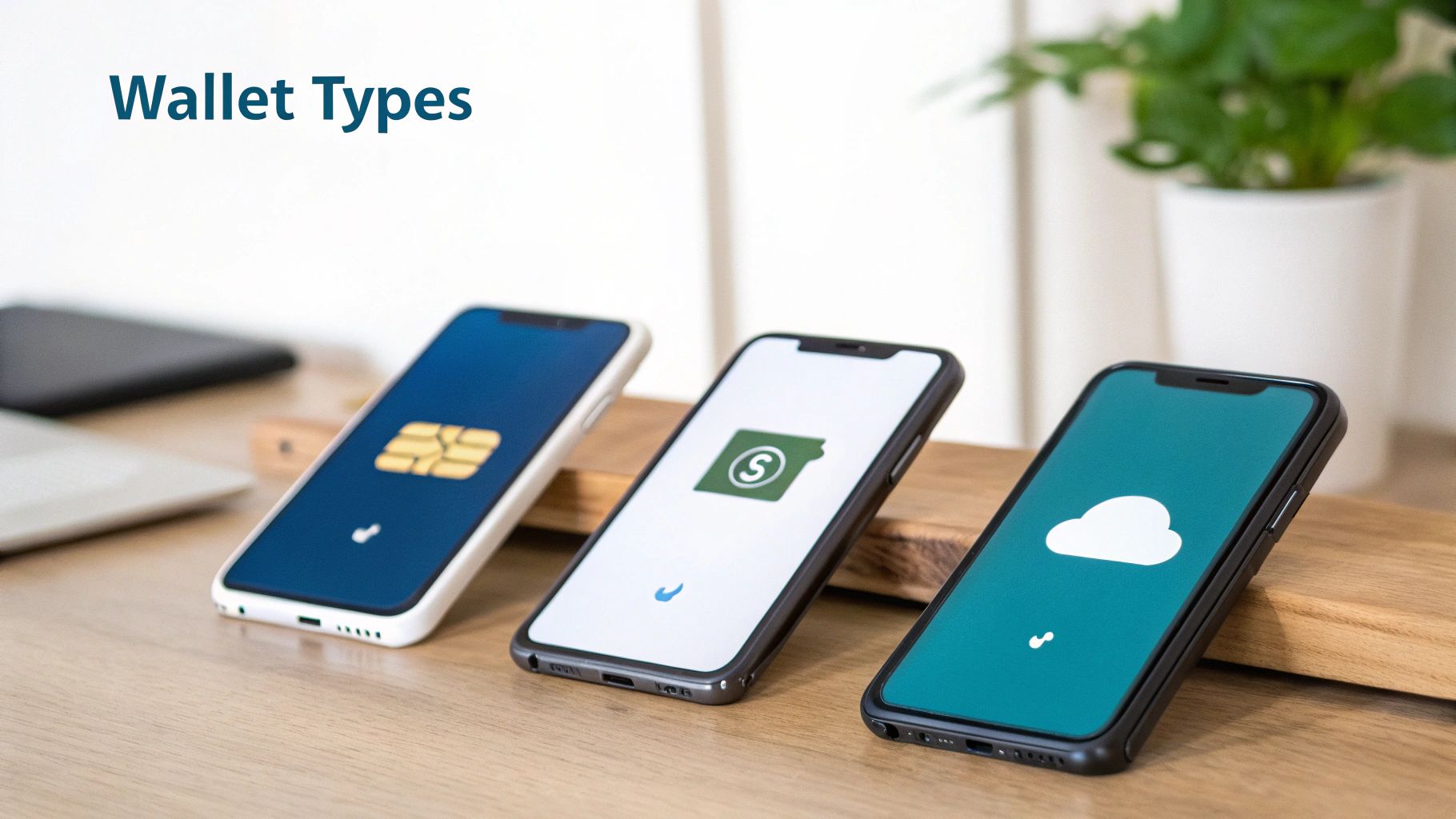 Three smartphones on a desk display icons representing different digital wallet types.