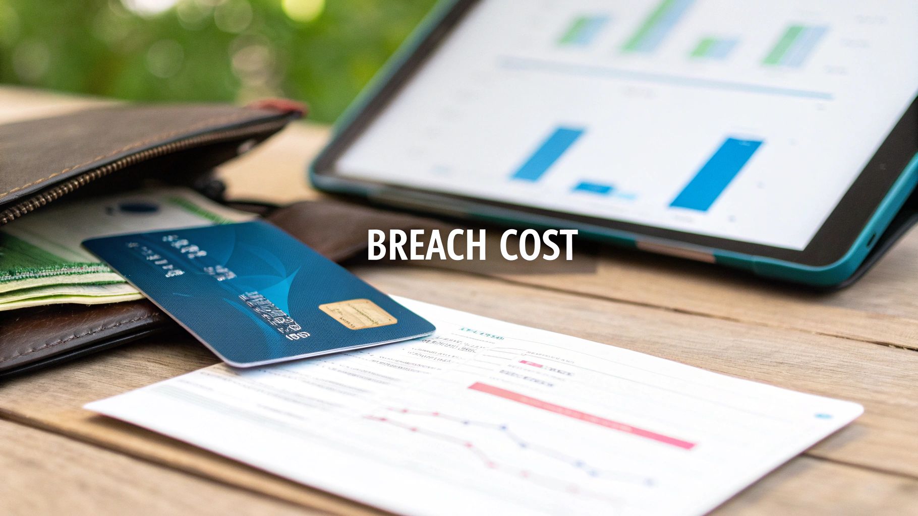 Financial items like a credit card, wallet, and documents, along with a tablet, on a wooden table with 'BREACH COST'.