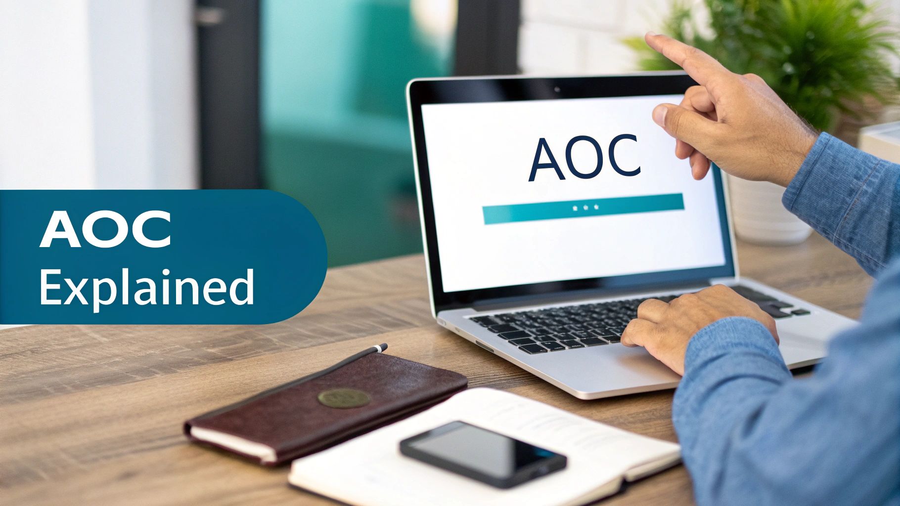 A person works on a laptop displaying 'AOC' on the screen, with 'AOC Explained' text overlay.