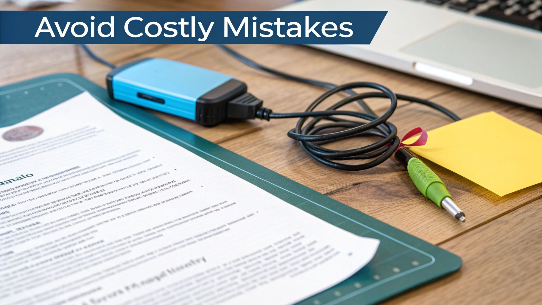 A desk with a blue external hard drive, important document, pen, and laptop, for careful work.