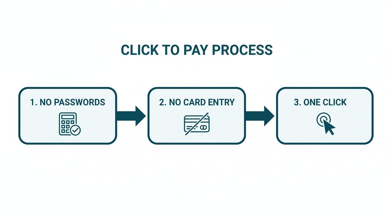 Flowchart illustrating the 'Click to Pay Process' steps: no passwords, no card entry, and one click.
