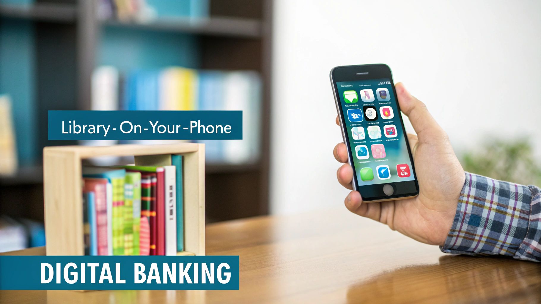 Hand holding a smartphone displaying apps in a library setting, with 'Digital Banking' text.