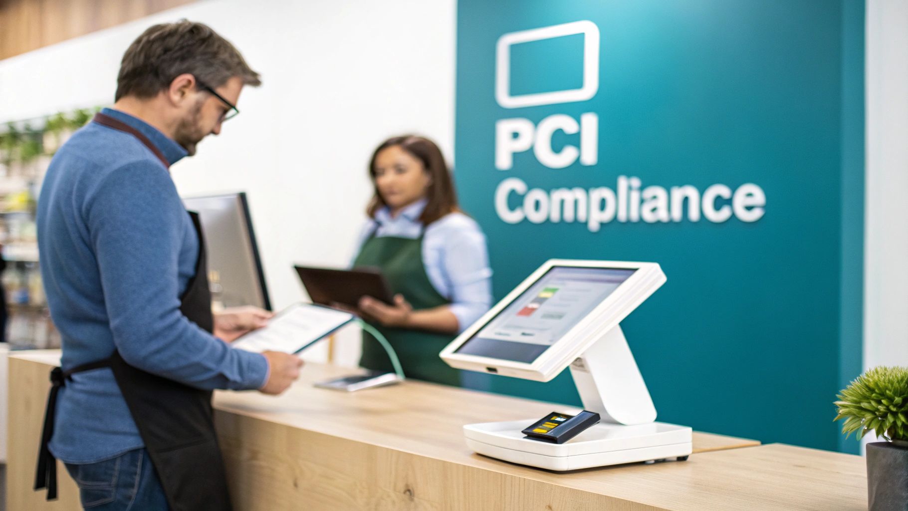 A man in an apron uses a tablet at a retail counter with a PCI Compliance sign behind him.