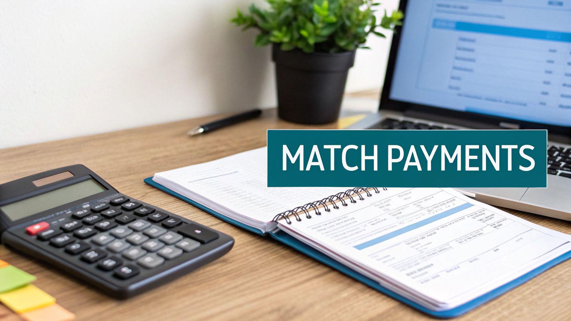 A desk with a calculator, open notebook, laptop, and a 'Match Payments' overlay.