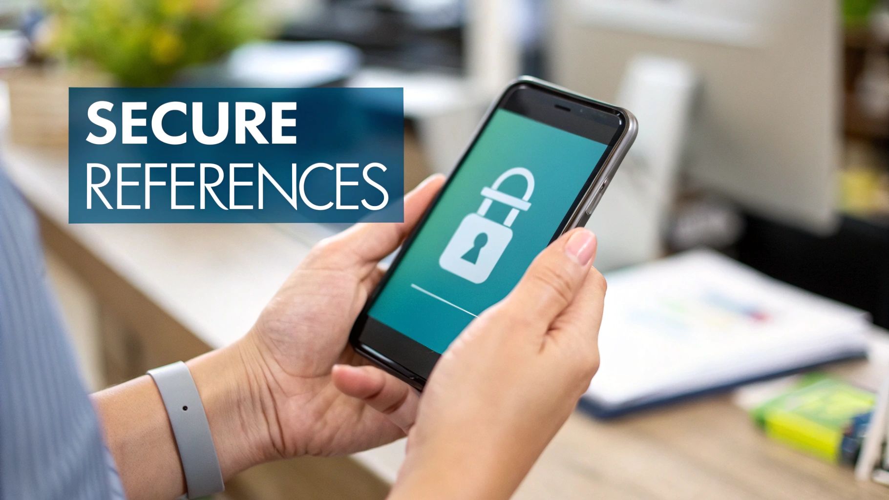 Hands holding a smartphone displaying a padlock icon, overlaid with 'SECURE REFERENCES' text.