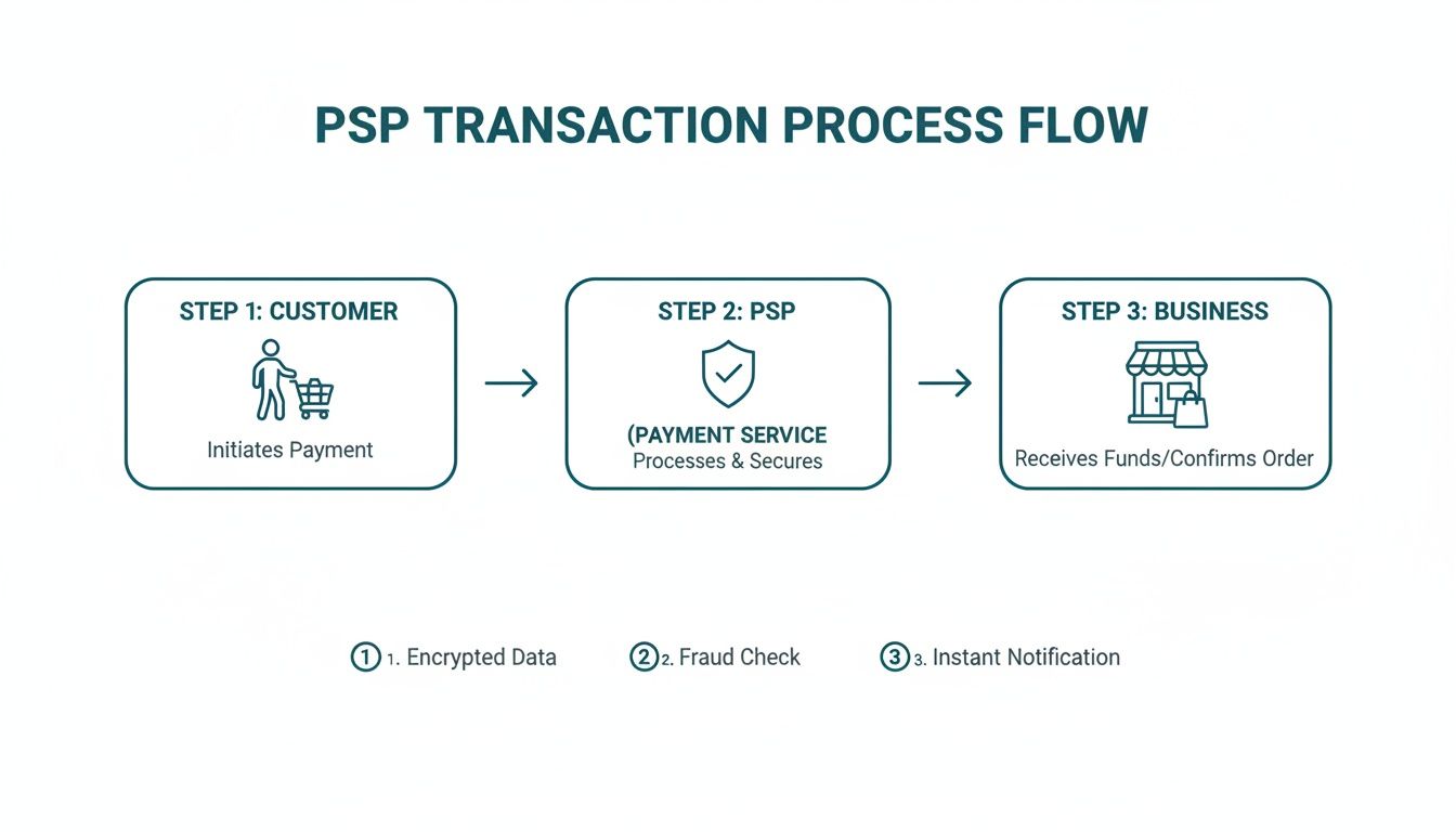Flowchart detailing the PSP transaction process, showing customer payment initiation, PSP processing, and business confirmation.