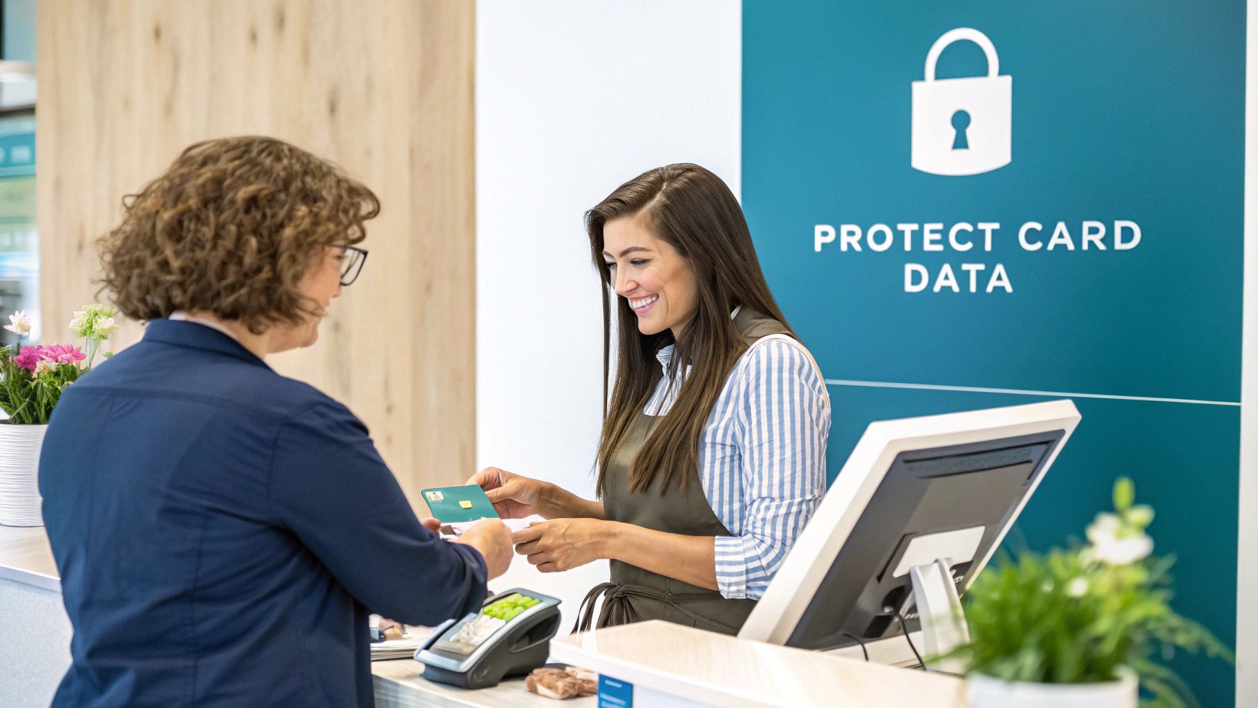 A smiling cashier accepts a payment card from a customer at a store counter with a 'Protect Card Data' sign.