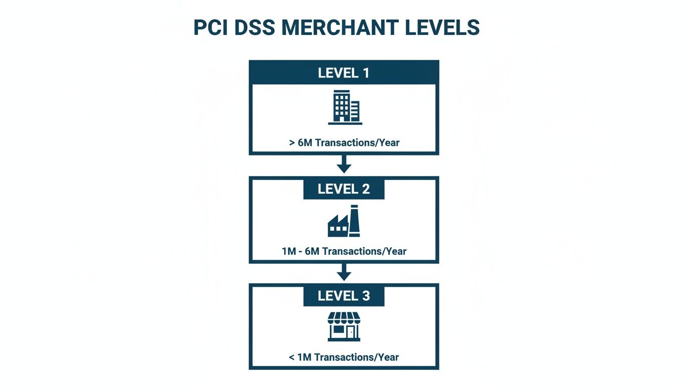 Diagram outlining PCI DSS merchant levels: Level 1 (>6M), Level 2 (1-6M), Level 3 (<1M) transactions yearly.
