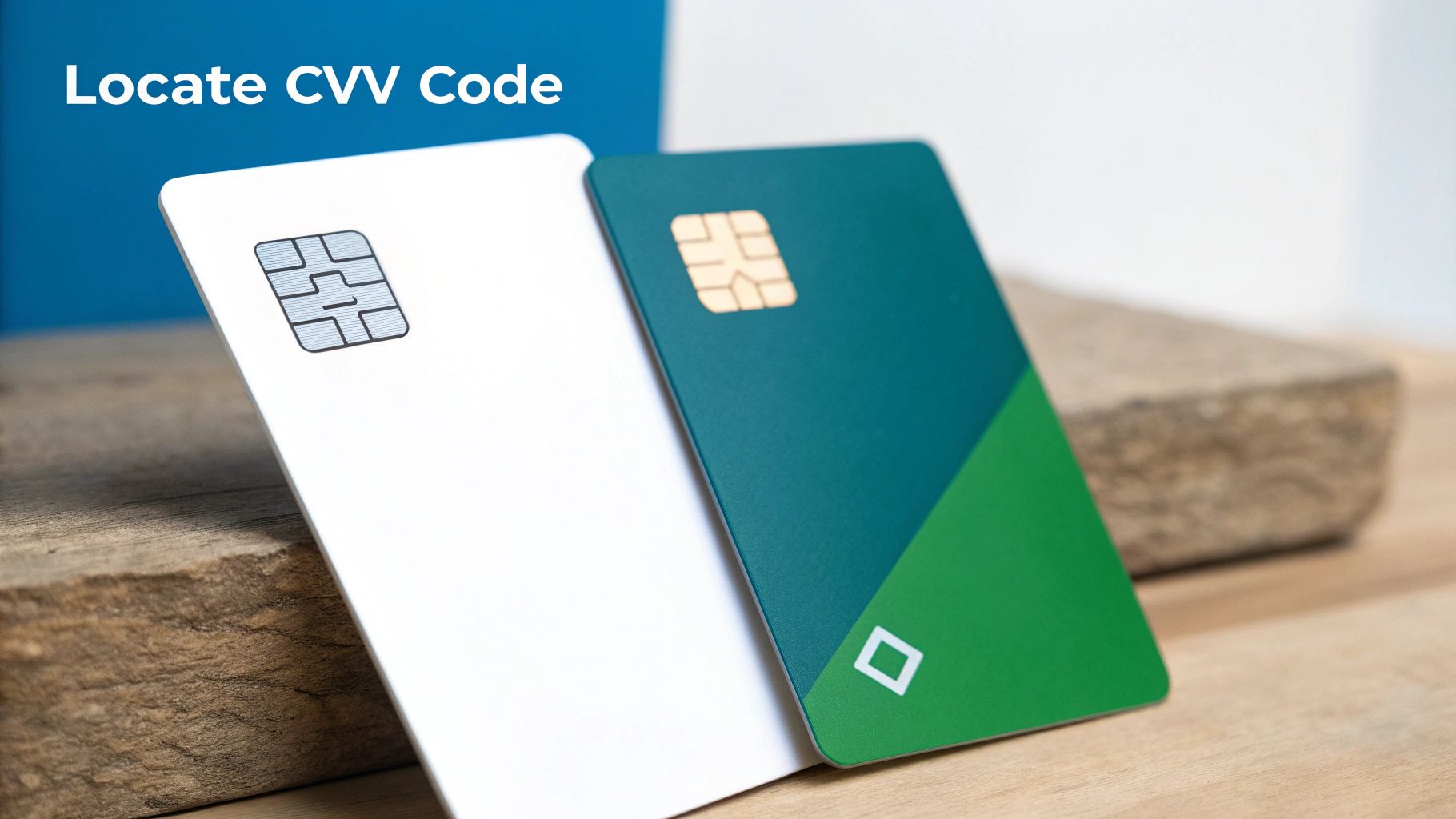 White and green EMV chip credit cards with text 'Locate CVV Code' on a wooden surface.