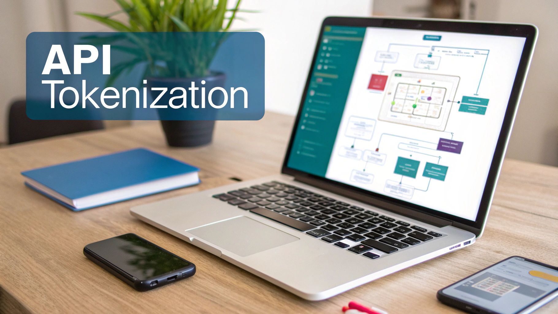 A laptop on a wooden desk displays an API tokenization diagram, with a notebook and smartphone.