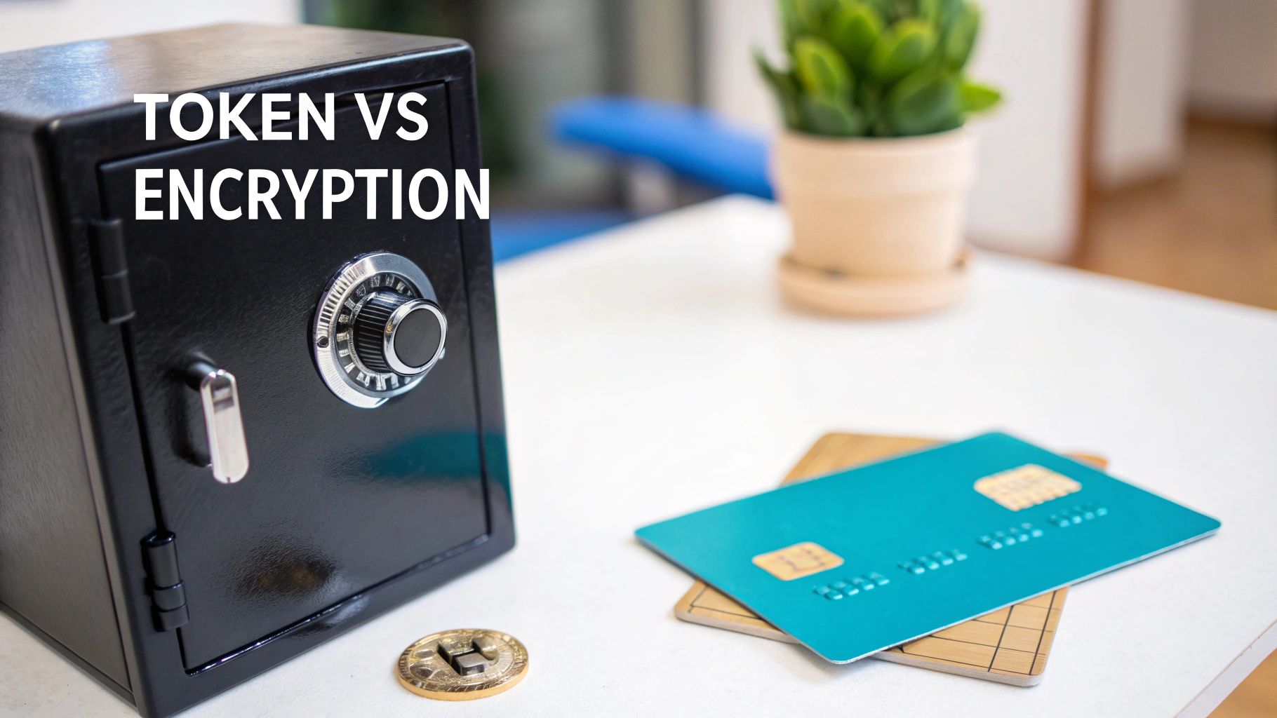 A black safe with a combination dial, a crypto coin, and credit cards, featuring text 'TOKEN VS ENCRYPTION'.
