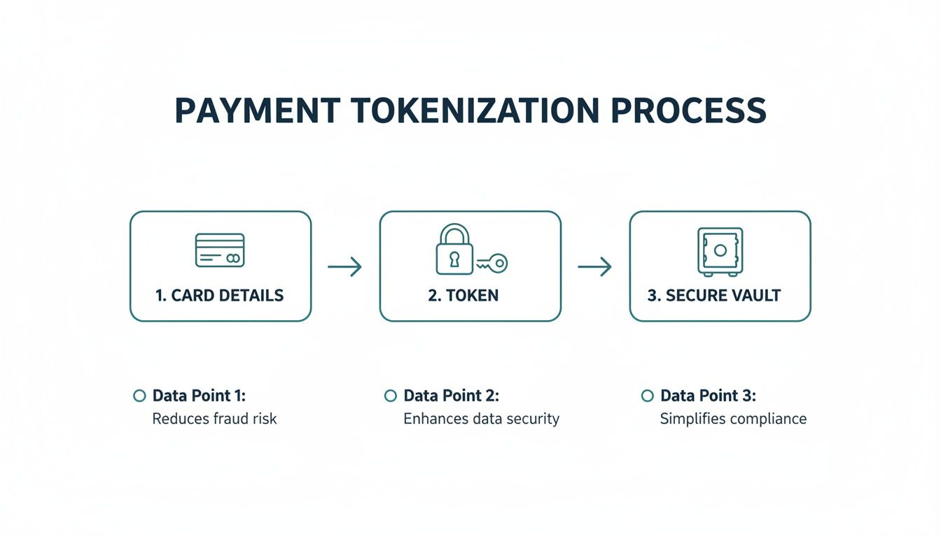A diagram illustrating the payment tokenization process, showing card details converted to a token and stored in a secure vault.
